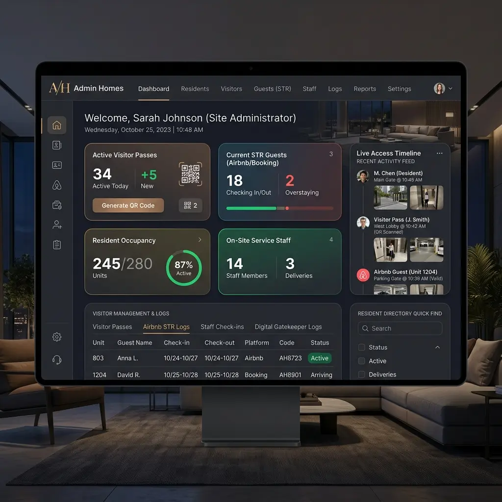 Captura de admin-homes.com, sistema de control de acceso para condominios con códigos QR